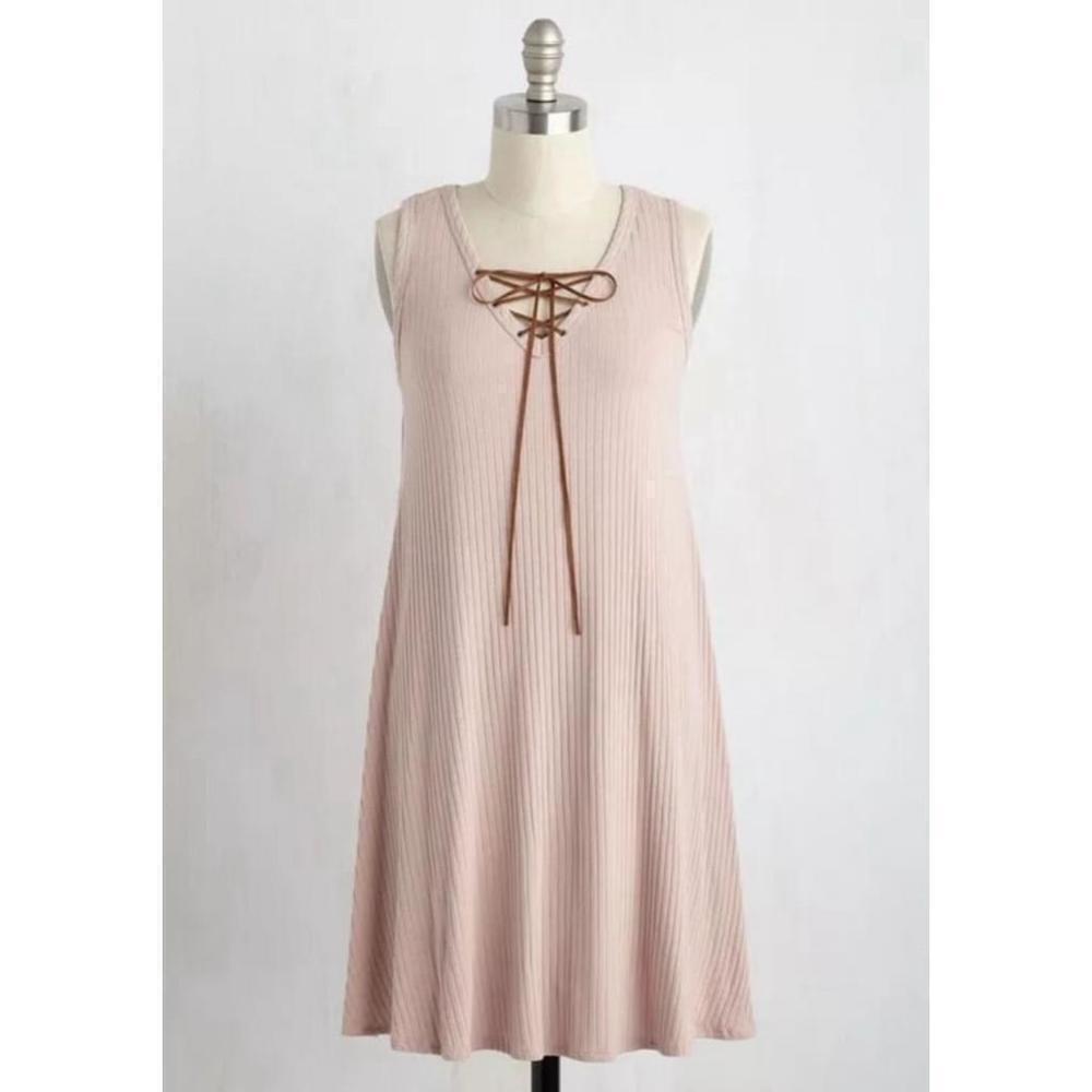 Rose Pink Ribbed Lace-Up Sleeveless V-Neck Shift Dress by Bo Bel from ModCloth M